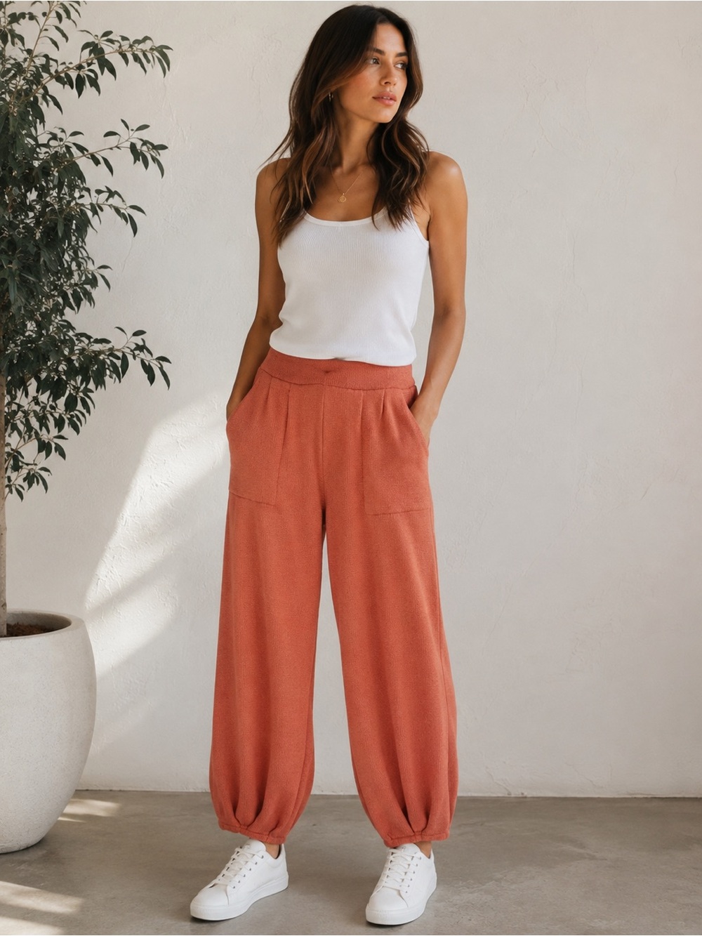 FP Beach Freya terracotta High-Rise Wide-Leg Drawstring Pants XS
